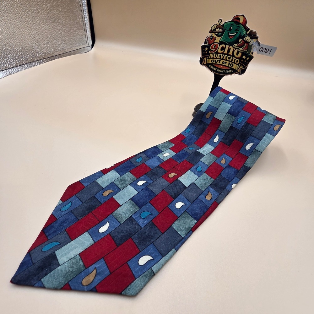 Oscar de la Renta Couture Collection Silk Tie Geometric Paisley Navy Burgundy‎